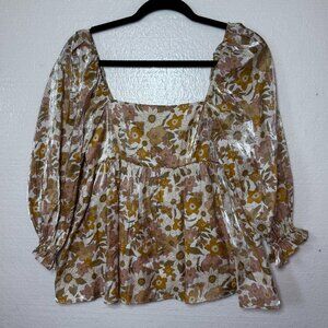 Storia Womens Small Floral Puff Sleeve Babydoll Top Square Neck Shimmer Ruffle